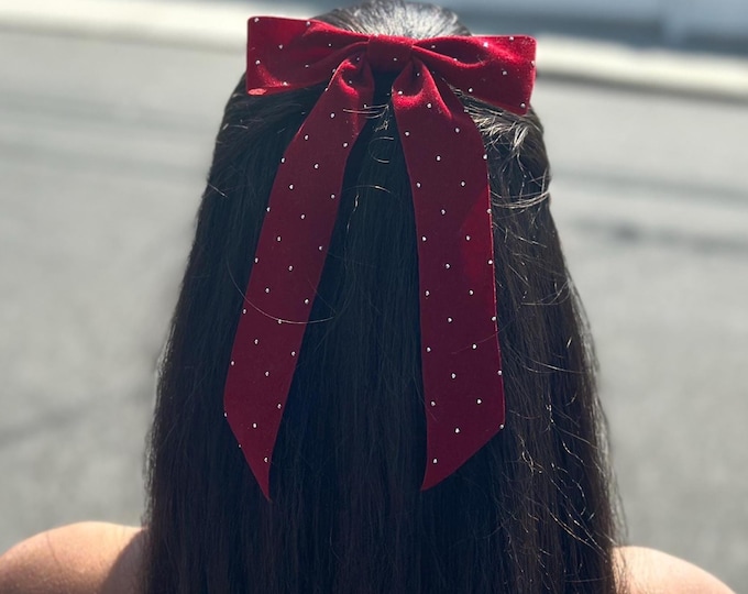 Handmade Red Velvet Hair Bow: Long Tail, Diamond Detail Alligator Clip