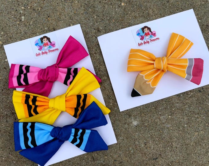 Crayon & Pencil Hair Bow: Back to School Fabric Clip - 4"