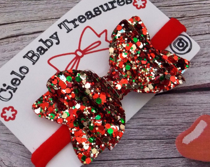 Tiny Glitter Christmas Hair Bow: Red & Green Double Stacked Canvas Bow