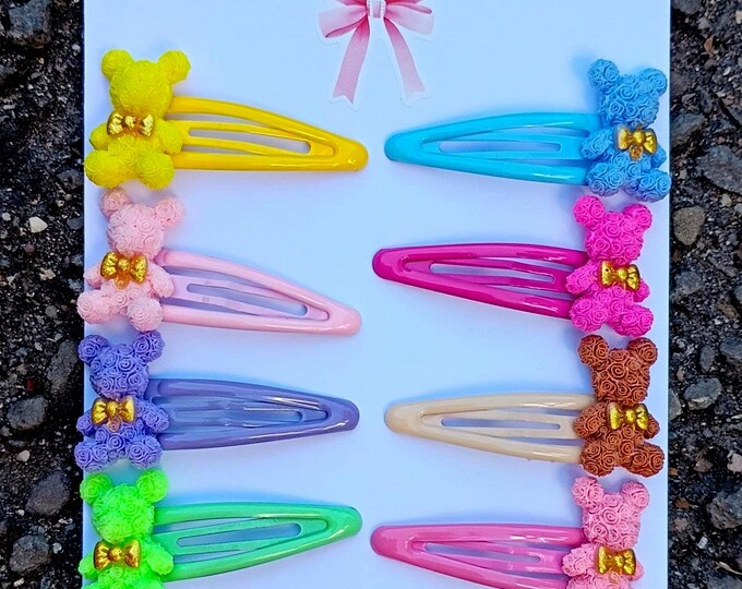 Set of 2 Handmade Bear Snap Clips, Candy Hair Bows, All Colors Party Accessories