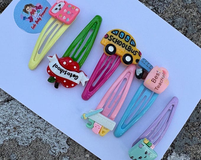 Back to School Hair Clips: Resin Pencil, Apple, Bus - Set of 2