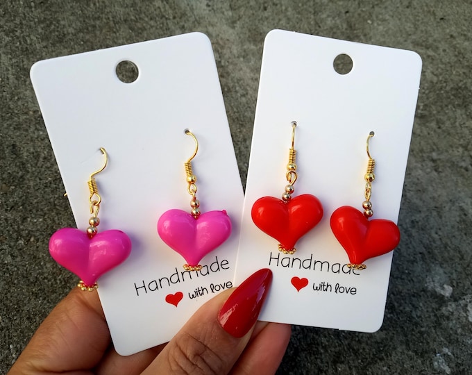 Cute Valentine's Day Heart Dangle Earrings/Red or Pink Earrings/Kawaii heart shaped Handmade Love Clay Earrings/Birthday Women/Gold Earring