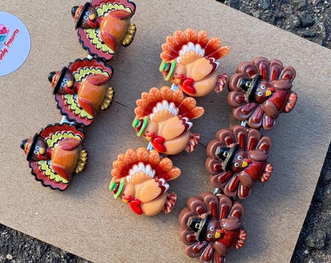 Set of 2 Thanksgiving Turkey Hair Clips, Sparkly Fall Accessory