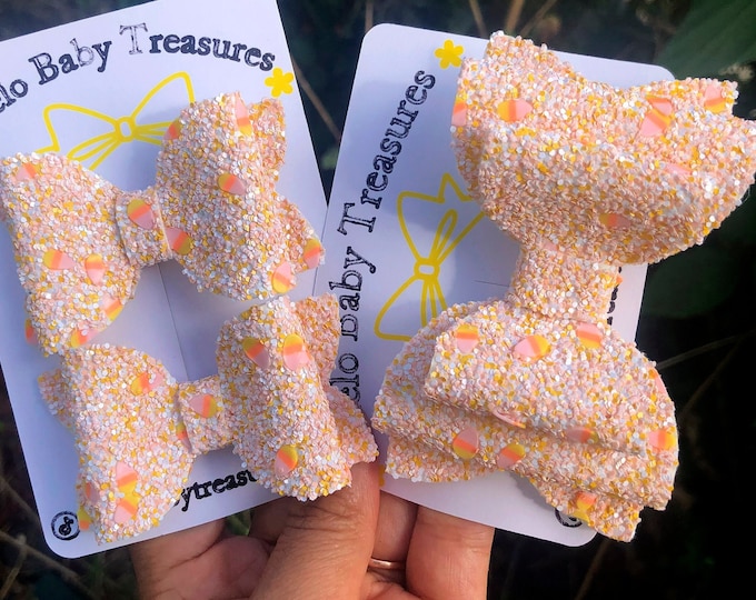 Candy Corn Pigtail Bows: Glitter Halloween Hair Clips