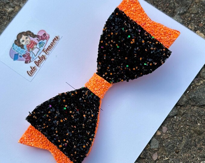 Set of 2 Orange, Black-Double Stacked-Glitter Pigtail Hair Bows