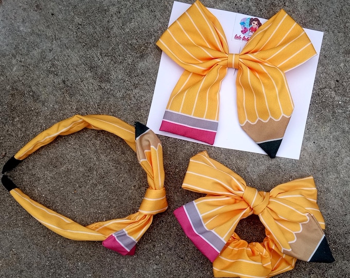 Pencil Hair Bow: Handmade Fabric Pigtail Clip - Back to School