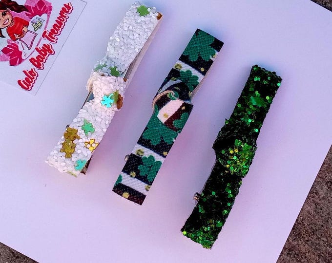 Set of 3 St Patrick’s Day knot Alligator Clips-Glitter Birthday Baby fringe-Clip lined Three Leaf Clover Stud-Green,Gold,White-Hairpin Faux