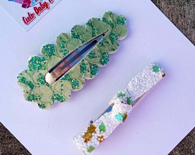 Set of 2 St Patrick’s Day Alligator Clip-Birthday Baby fringe Girls Three Leaf Clover Stud-Green,Gold,White -Hairpin Faux-Holiday Kid-