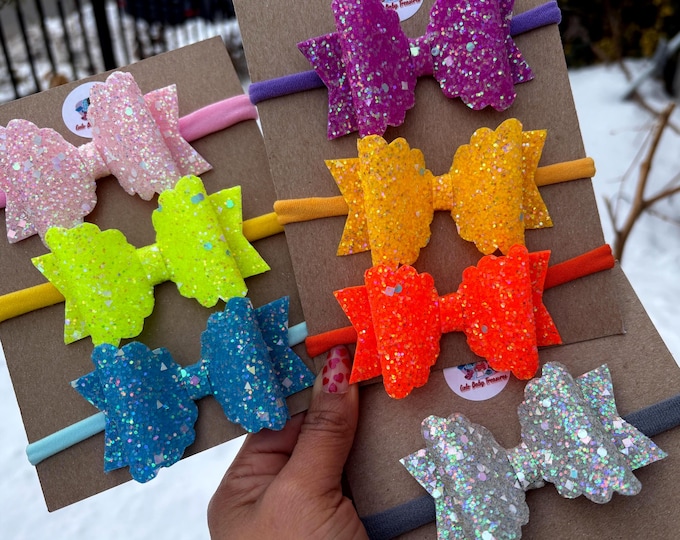 Glitter Neon Rainbow Hair Bows-Single Bow-Birthday-Hair Clip-Iridescent All Colors-Bright Neon-Newborn Headband-Baby Bow-Holiday-Party-