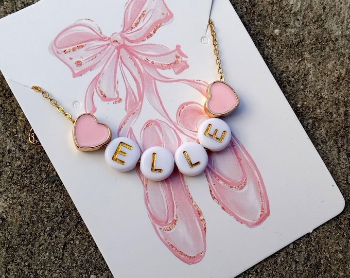 Personalized Name Necklace: Pink Heart, Gold Stainless Steel, Bead Jewelry