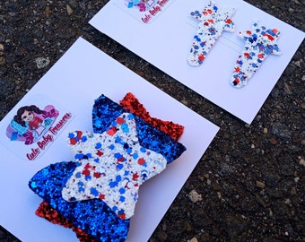 Snap Clip or Star Central Hair Bow-Glitter Patriotic Hair Bow-July 4th Bow, Bow-White,Blue and Red-Bow Independence Day USA Bow-Baby Girls