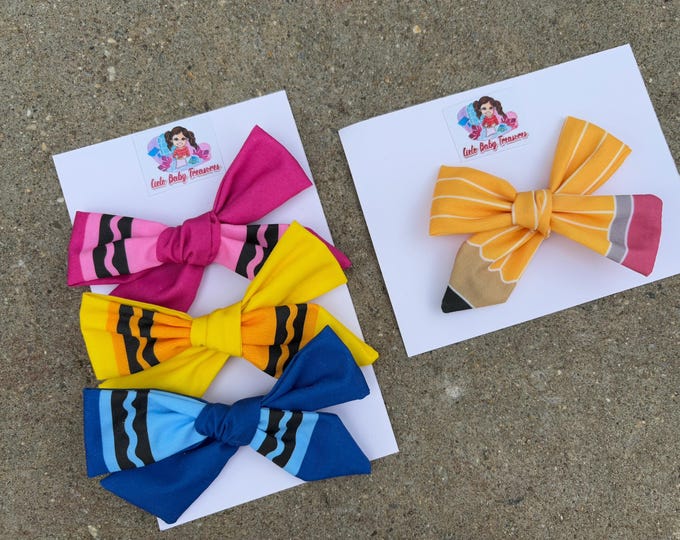 Crayon & Pencil Hair Bow: Back to School Fabric Clip - 4"