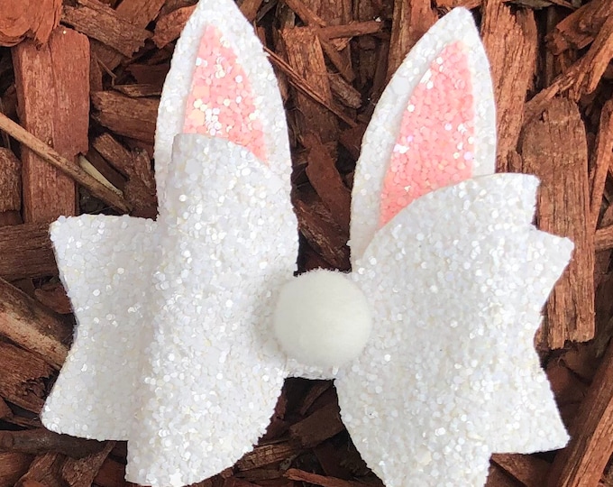 Classic bows, Bunny Glitter Canvas,Easter-White Bunny Bow,Easter Glitter Hair Bow,Double Stacked Sparkle,Ears bows Girl bow-Easter Toddler