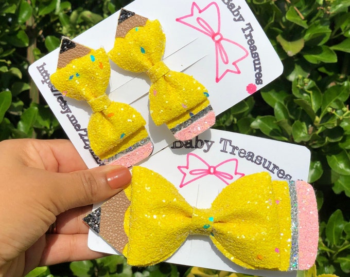 Pencil Hair Bow: Yellow Glitter Back to School Bow