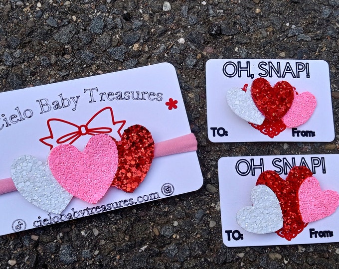 Valentine's Day Baby Headband, Glitter Hearts, Chunky Bow