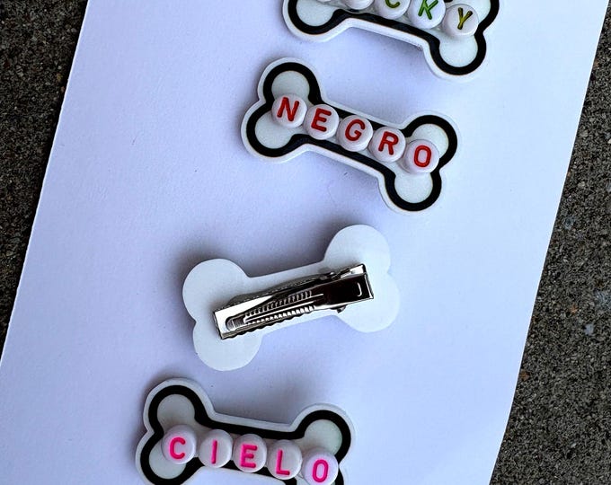Small White Bone-shaped hair clip with name-Personalized Dog Bow Barrette-Adorable Puppy