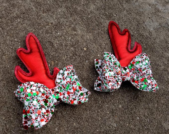 Chunky Glitter Reindeer Antler Pigtail Hair Bows - Christmas Set