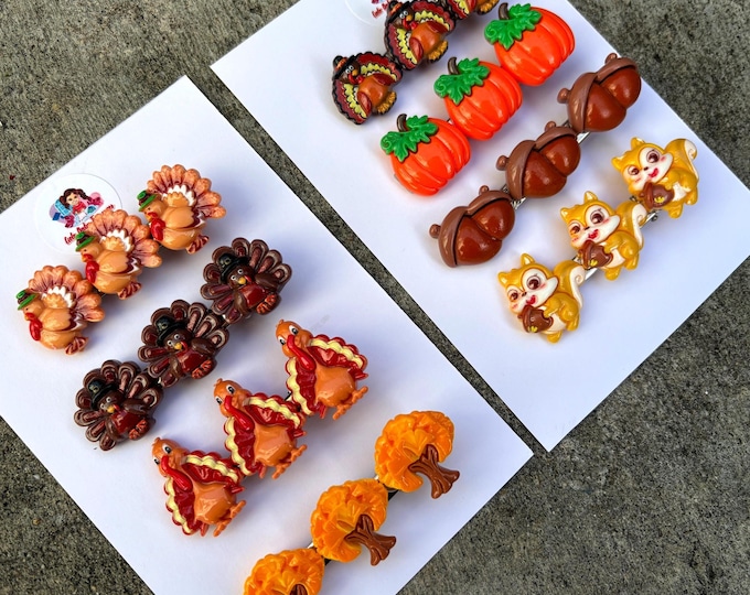 Set of 2 Autumn, Leaf falls, Pumpkin, Squirrel, Thanksgiving Turkey Hair Clips, Fall
