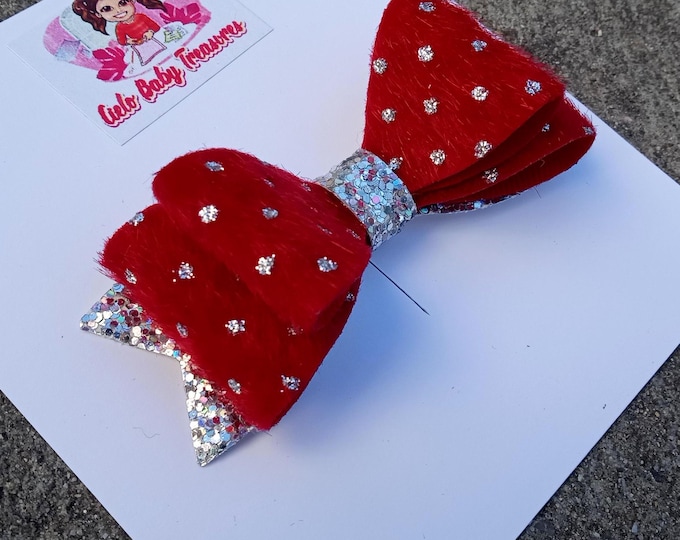 Red Furry Glitter Baby Hair Bow: Handmade Alligator Clip