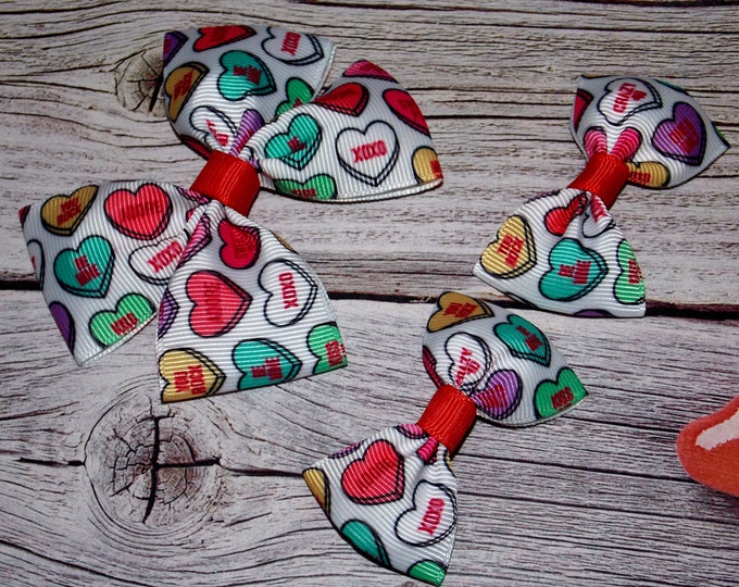 Handmade Valentine's Day Hair Bow: Conversation Hearts, Grosgrain Ribbon