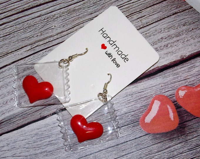 Earrings with plastic cover and a centered red Heart-Love Earrings Valentine’s Day-Heart Stud Earrings-Shaker Plastics Earring's