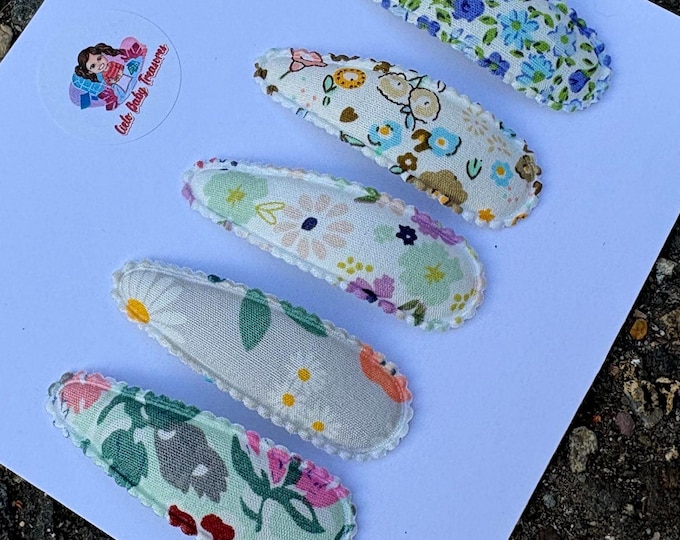Random Embroidered Floral Snap Hair Clips: Cotton Toddler Baby Accessories