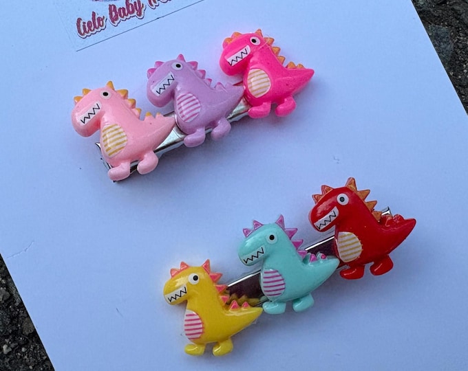 3 Dinosaur Hair Clip Set: Pink, Red, Yellow, Purple & Blue Bows - Stegosaurus Dino Party