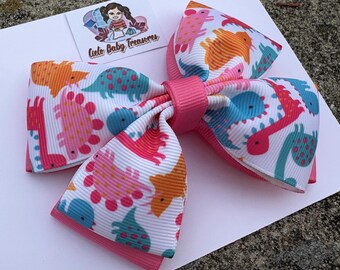 Pink,Orange & Blue Birthday Dinosaur Hair Clip-Mini bow-Toddler Headband Stegosaurus Bow-2 Bows Dino Party-outfit Big Baby Girls-
