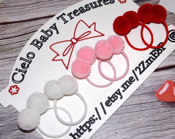 Set of 2 Elastic Bands with Pom Pom-Valentine's Day POM POM Red,Pink and White/Hair Bows for Baby Gilrs-Parties-Holiday-Summer Bows