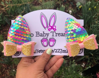 Set of 2 Bunny Ears Hair Bow Rainbow or White and Pink Sparkle,Hair BowsToddler Costume & Dress Up Accessories,Headband Bunny Ears