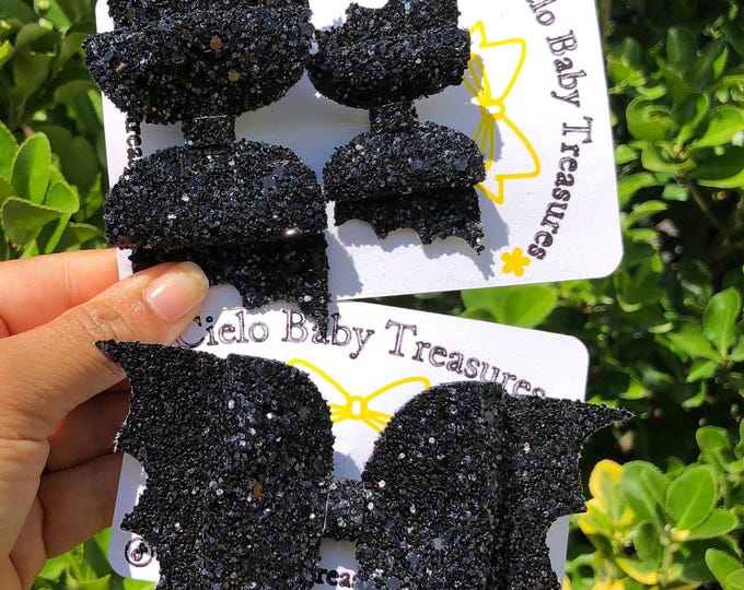 Skunky Black Glitter Bat Small Hair Bows or Large Glitter Bat-Glitter Bat Hair Bows/Toddler Hair Bow/Halloween Bow Baby/