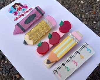 Resin Hair Clip-Plastic Hair Back to School-Resin Crayon-Pencil-Notebook-Apple-School-Clip for Girl First Day of School-Scissors-Ruler-Paint