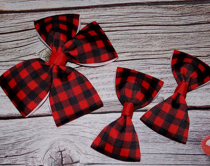 Red Tartan Plaid bow-Gingham Christmas Baby Headband-Stewart plaid-Pigtail Toddler Hair Bow-Black,White Hair Bow-Holiday Winter Hair Bow-