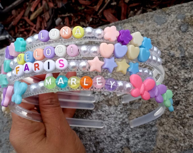 Personalized Plastic Headband-Hears-Butterfly-Stars-Pearls-Pastel Colors-Girls and Big Girls-Summer-Name Headband-Birthday-Gift-