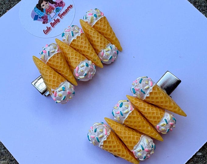 Set of 2  Handmade Ice Cream Cone Hair Clip: Waffle Sprinkles Alligator Clip