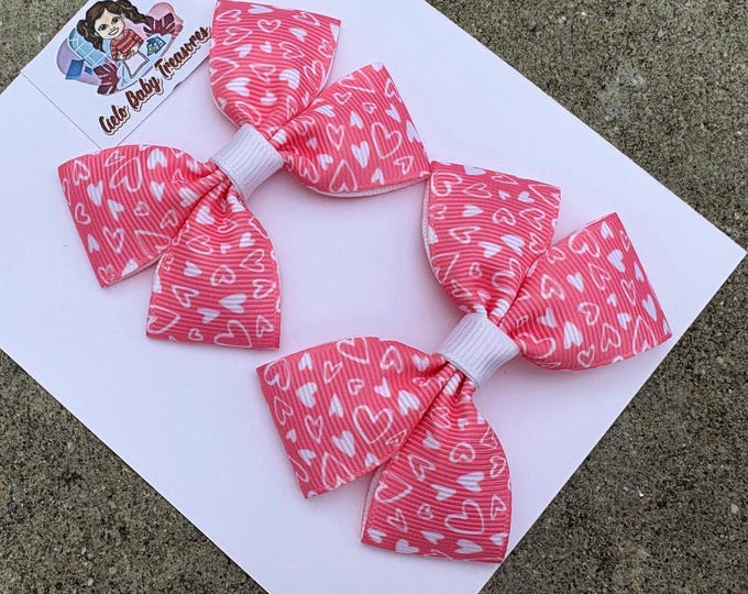 Handmade Pink Pigtail Hair Bow with White Hearts: Alligator Clip