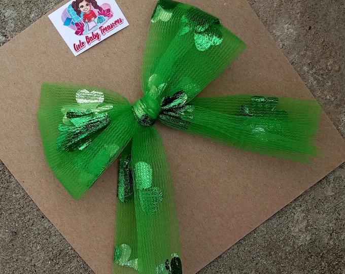 Tulle Hair Bow- Green Hair bow-Pinch Proof-Shamrock Glitter Bow Outfit-Rainbow Pig Tail Bows Baby Hair  Soft Toddler Bow-St. Patty’s Day