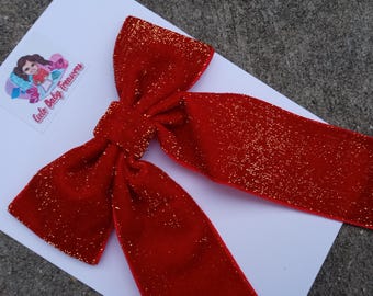 Red and Gold--Velvet Big Hair Bow-Christmas Long-Toddler Adult Hair Bow-Girls Glitter Coquette-Elegant Ponytail Holder-Bow-Tail Perfect Gift