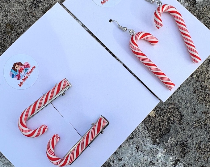 Earrings or  Set of 2 clips white and red Christmas candy cane hair clips: