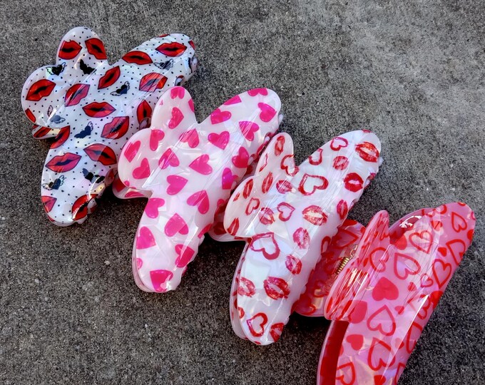 Large Valentine Hairpin-Hair Clips Love-Pink Acetate-Red Heart Acrylic claw-Plastic-Lips Resin-Accessories-kisses Toddler Clip-Big Barrette