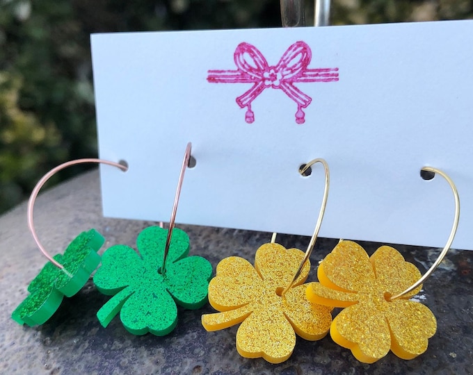 Four Leaf Clover Glitter Resin Stud Earrings-St Patrick's Day Earrings Green or Gold-Sparkly Glitter Earrings-Jewelry Women-Shamrock Earring