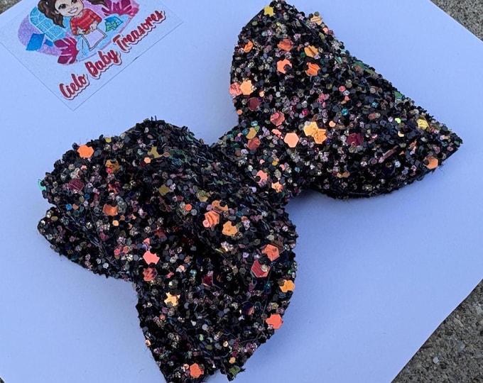 Glitter Halloween Hair Bows - Black & Orange Faux Leather Pigtail Set