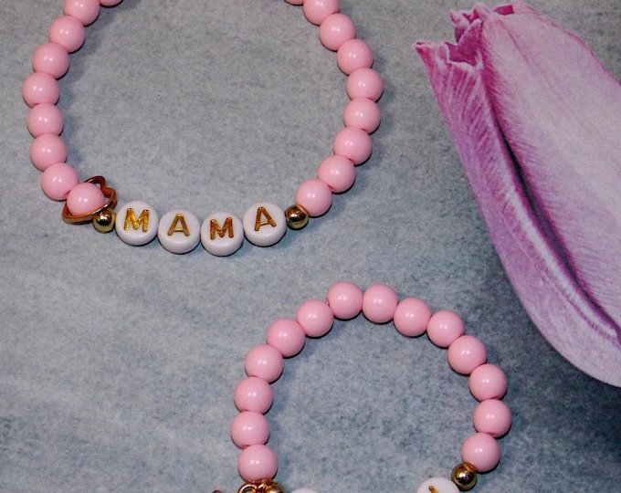 Mama Mini Pink Beaded Bracelets with Gold Letters and Crown Charm