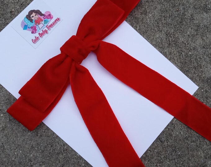 Handmade Velvet Hair Bow: Long Tail Alligator Clip - Christmas Red