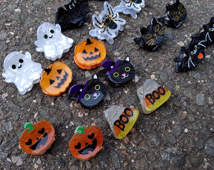 Small Acrylic Hairpin Resin Clips-pumpkin,Boo,Spider,Bat,Witch,Hat,Cat-Corn-Glitter Hair Claw-Gift-Women Girl-Fun-Party-Accessories-Acetate-