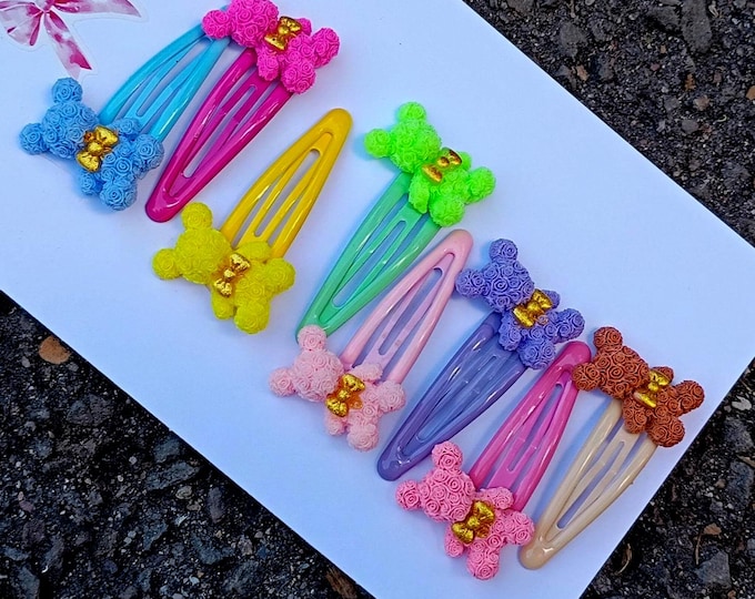Set of 2 Handmade Bear Snap Clips, Candy Hair Bows, All Colors Party Accessories