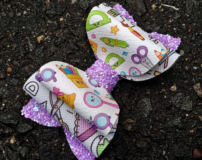 Glitter Back to School Hair Bow: Pencil, Crayon, & School Supplies