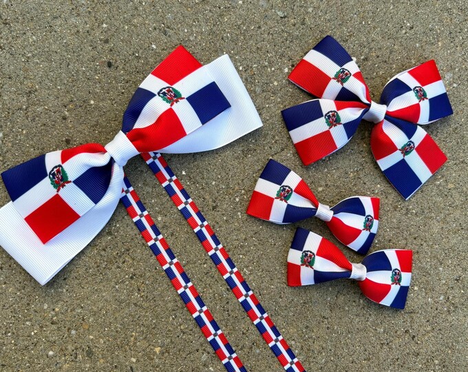 Dominican Republic Hair Bows-Red,White & Blue-February 28th pigtail bows-Soy Dominicana-Party-outfit-February 28th-Independence Day-study