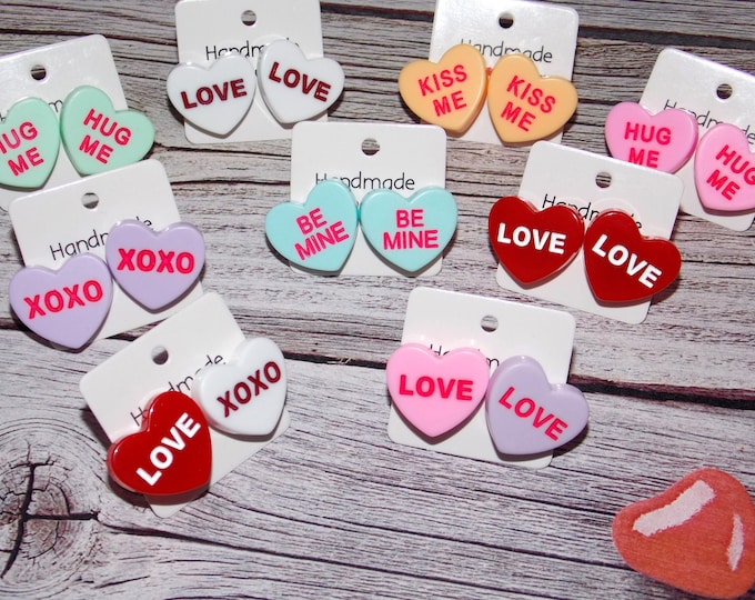 Conversation Hearts-Sweet heart-Valentine’s Earrings-Candy Heart Earring Stud-Heart Be Mine Gift-Hug Me Sweet-Colorful-Acrylic Mean Hearts