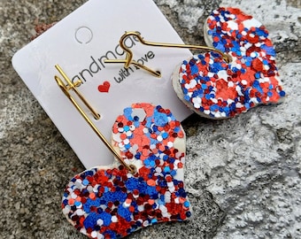 Small Hearts Earrings with Box-Glitter-July 4th Bow-MOM Earrings Patriotic Independence Day USA-Sparkles Earrings for Earrings-Faux leather